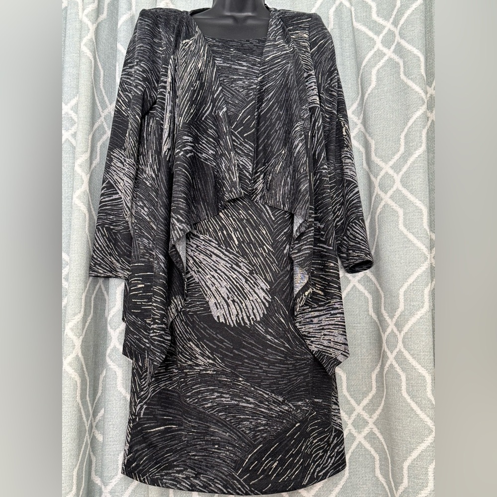 R&M Richards, black and gray dress with mock jacket, size 6.
